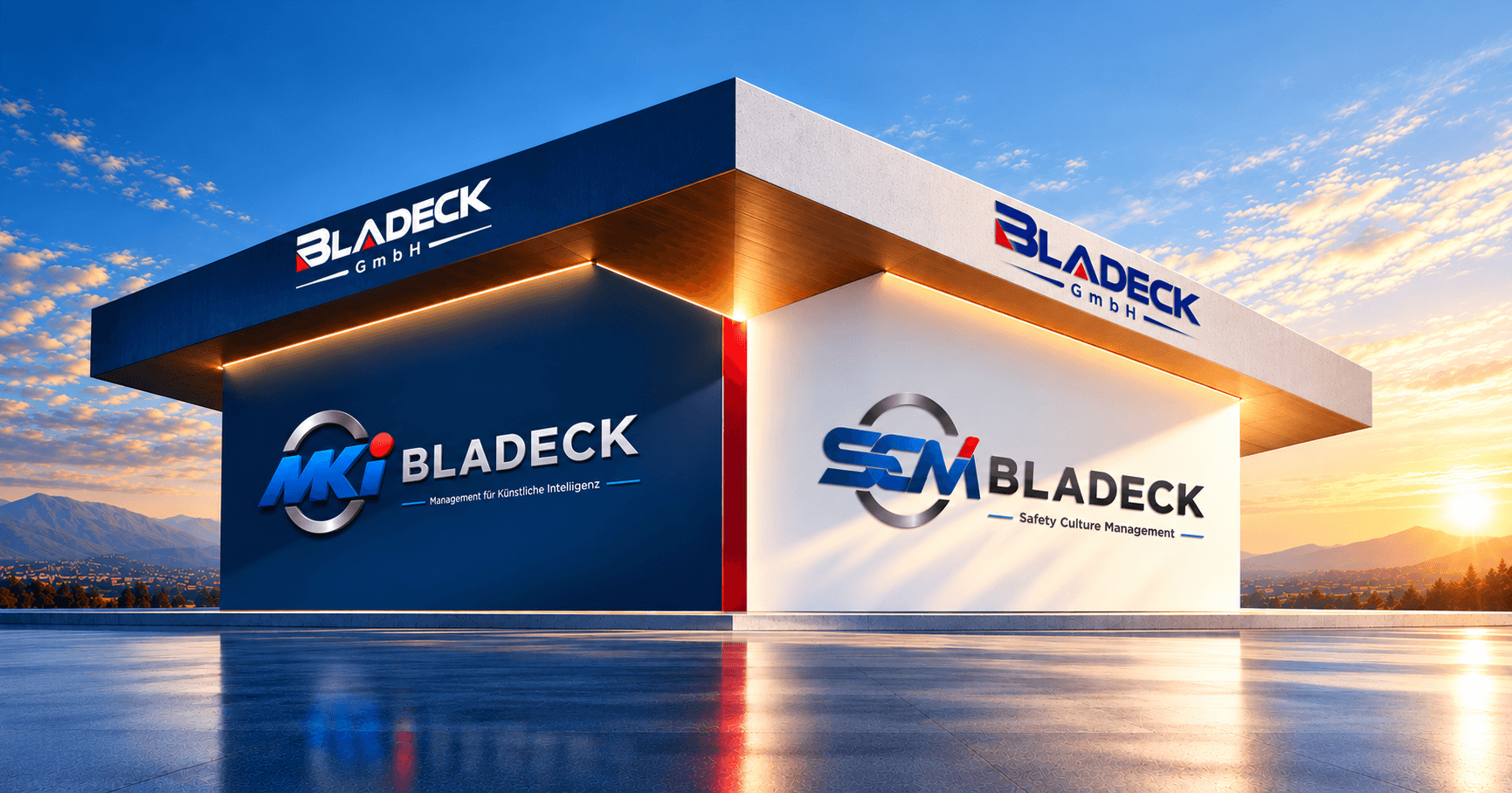 Gebäude der Bladeck GmbH mit den Logos MKI Bladeck und SCM Bladeck auf den beiden Wänden unter einem gemeinsamen Dach